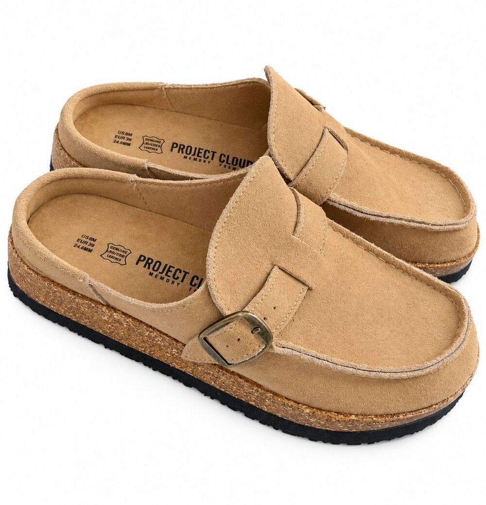 Project Cloud Women’s Tan Suede Leather Buckle Clogs Mules Size 8 EU 39